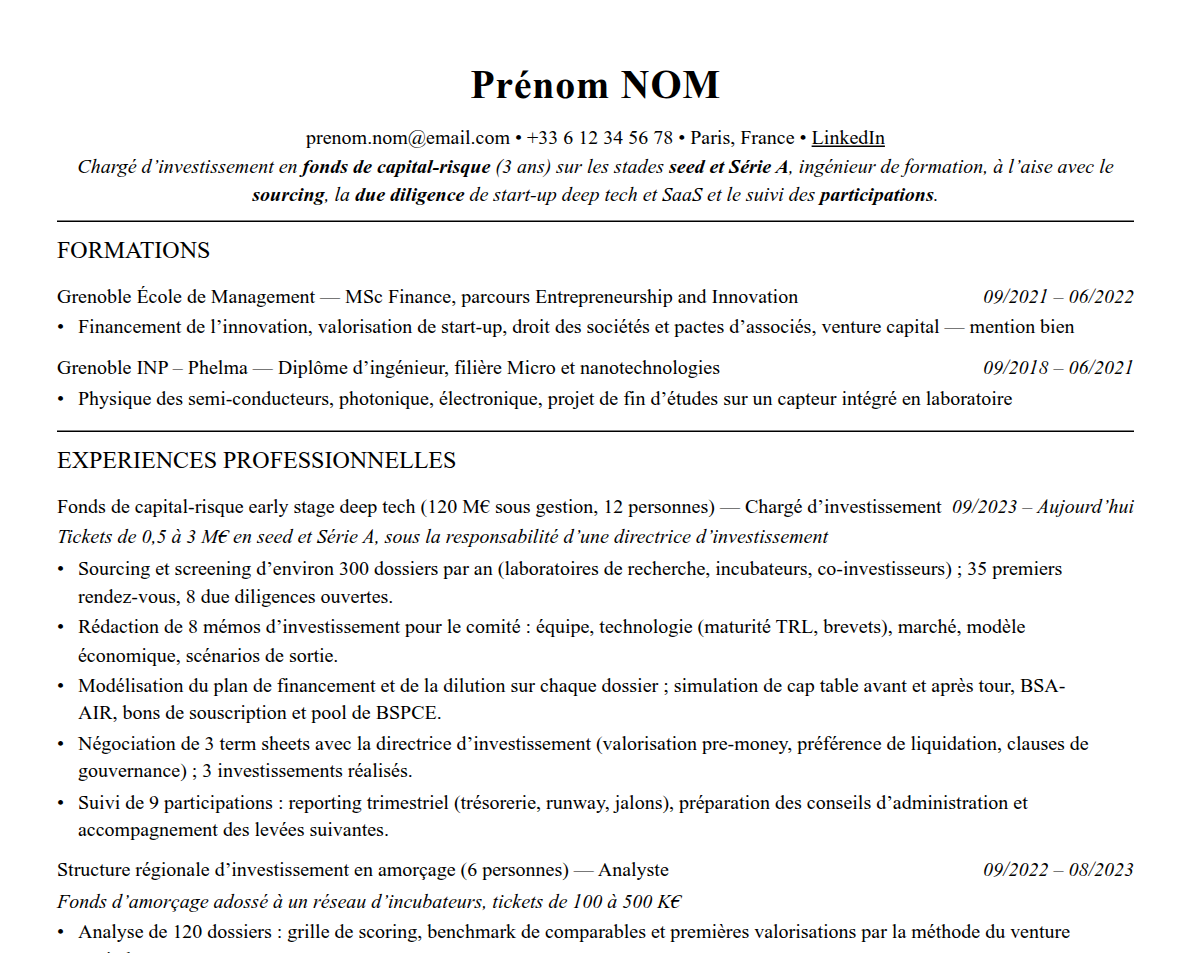 Aperçu : Exemple de CV Venture capital