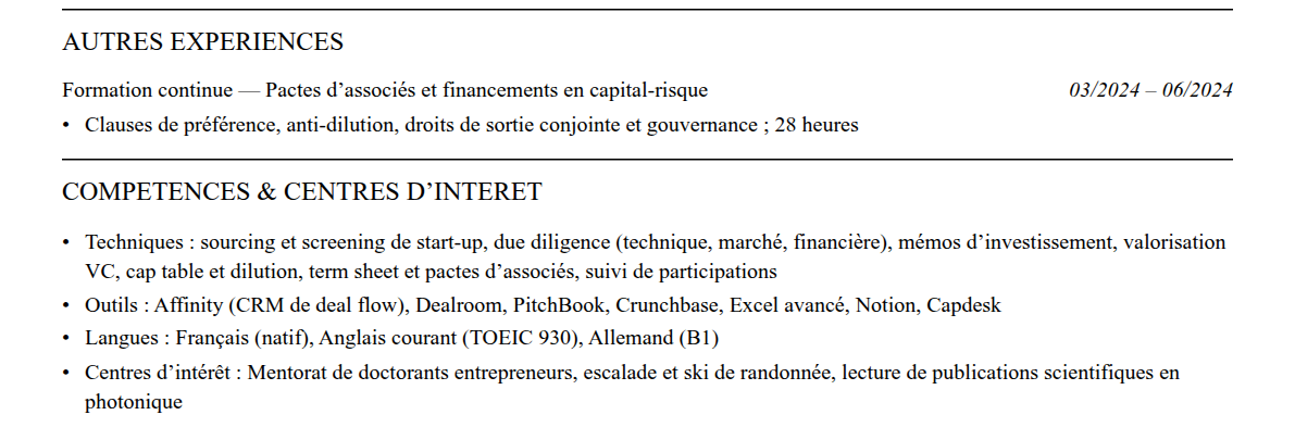 CV venture capital : compétences et centres d’intérêt