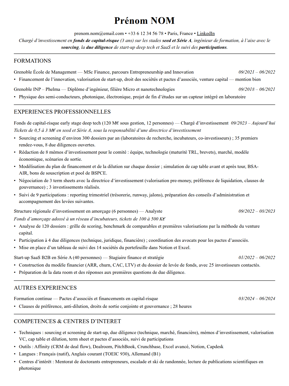 CV venture capital complet sur une page