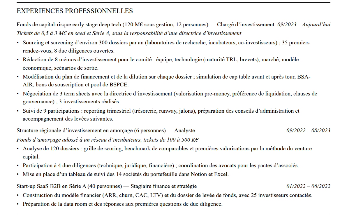 CV venture capital : expériences